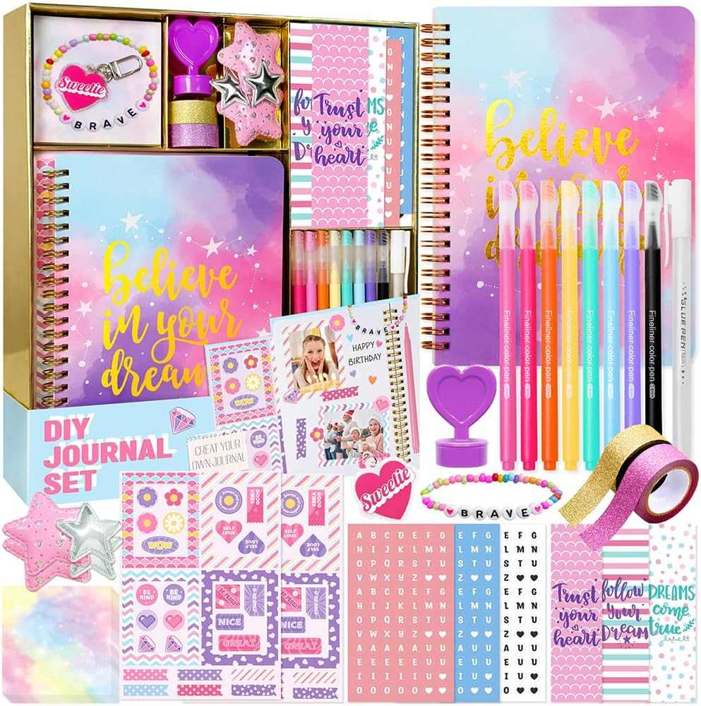 DIY Journal Kit for Girls with 26 pieces including spiral journal, stickers, pens, and decorative craft supplies for creative scrapbooking and journaling.