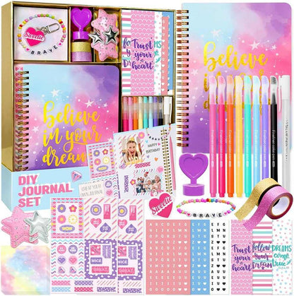 DIY Journal Kit for Girls with 26 pieces including spiral journal, stickers, pens, and decorative craft supplies for creative scrapbooking and journaling.