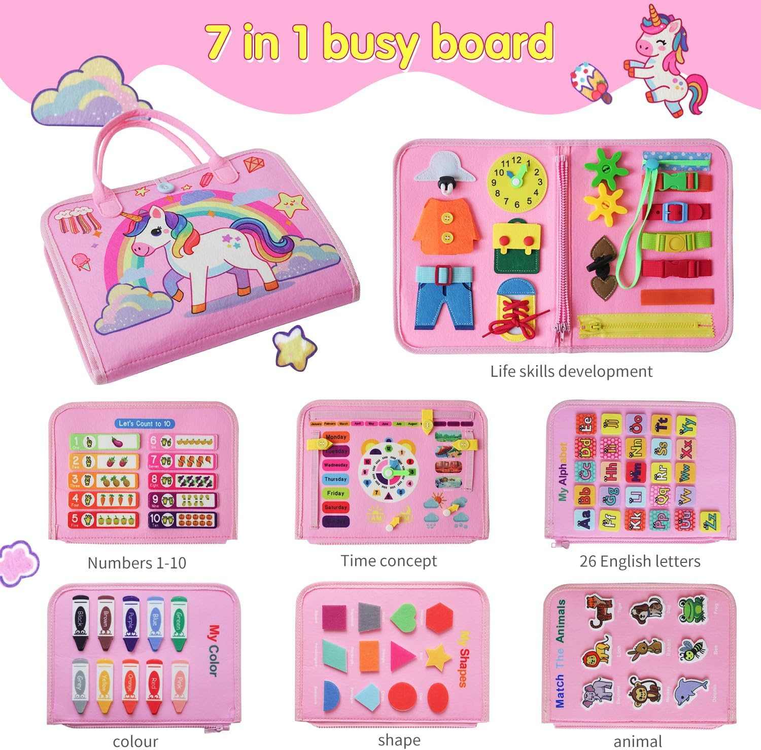 Montessori busy board for toddlers with interactive learning activities and detachable pages