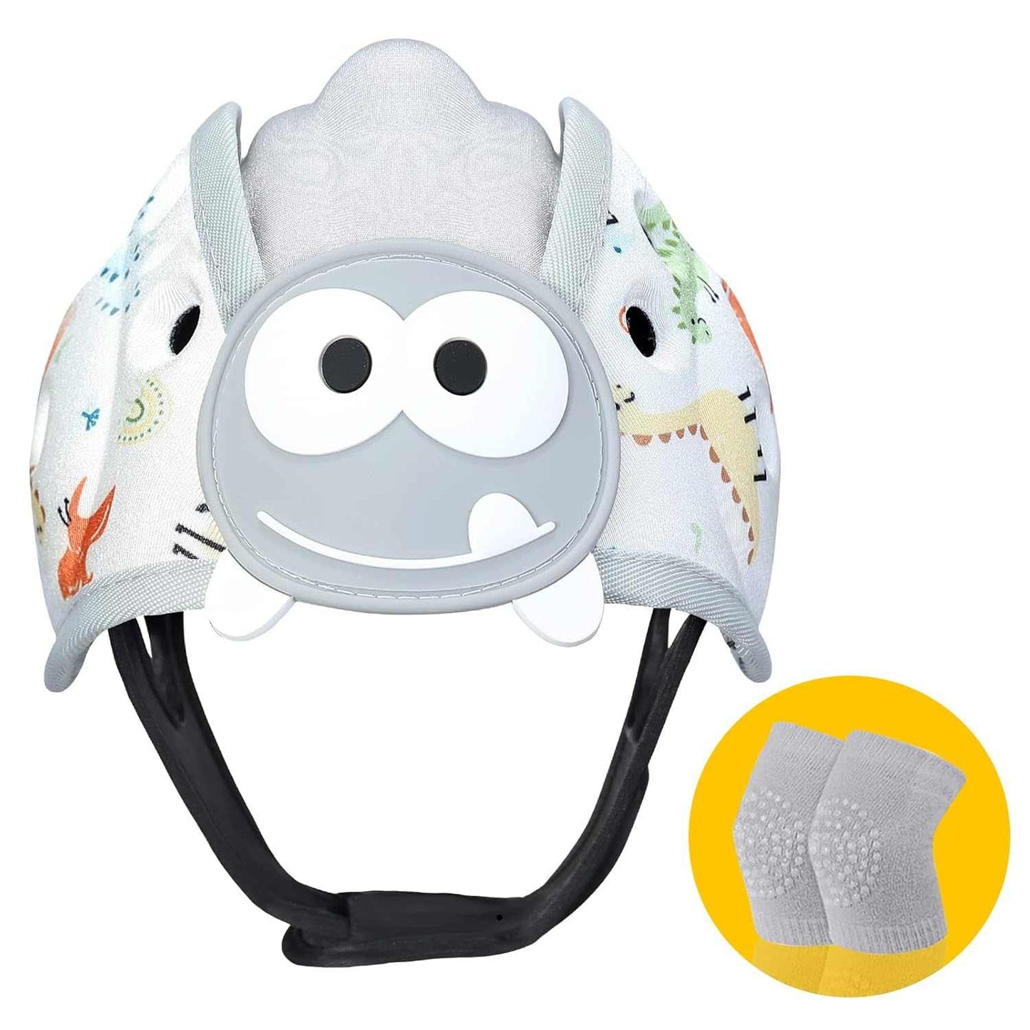 Baby Safety Helmet with fun grey dinosaur design for toddler head protection during crawling and walking