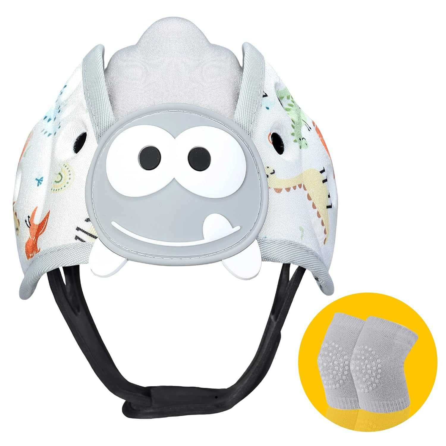 Baby Safety Helmet with fun grey dinosaur design for toddler head protection during crawling and walking