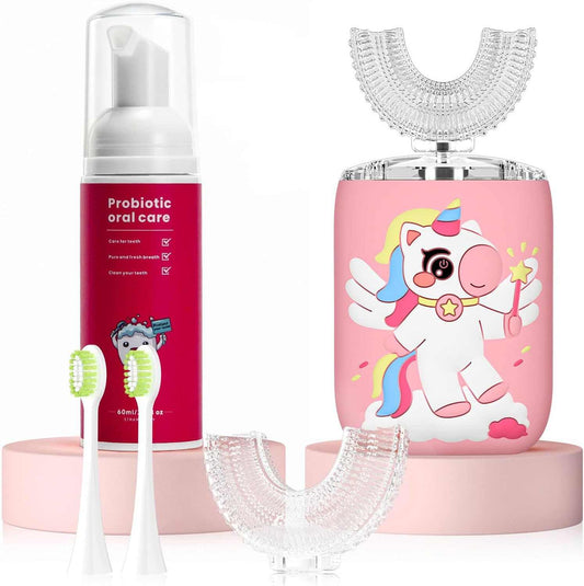 Unicorn kids electric toothbrush with U-shaped soft silicone head and smart timer in bright colors