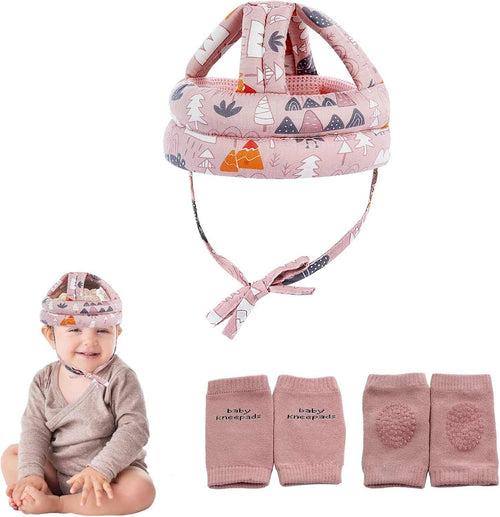 Pink forest design baby safety helmet with adjustable straps and matching knee pads for crawling and walking protection