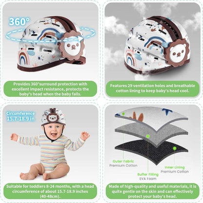Baby helmet with features and benefits displayed on a gray background