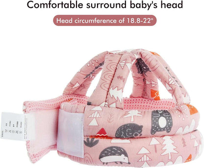 Pink forest-themed baby safety helmet with cushioned knee pads for crawling and walking protection
