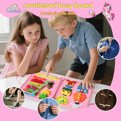 Montessori busy board for toddlers with interactive learning activities and soft felt pages