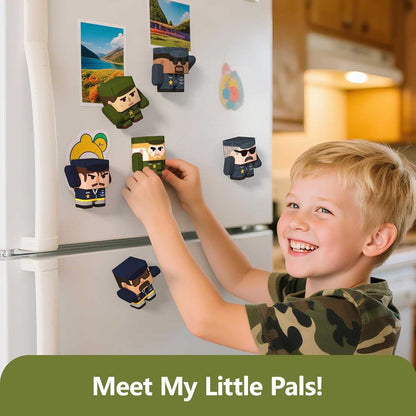 Child arranging small character magnets on a refrigerator with text 'Meet My Little Pals!'.