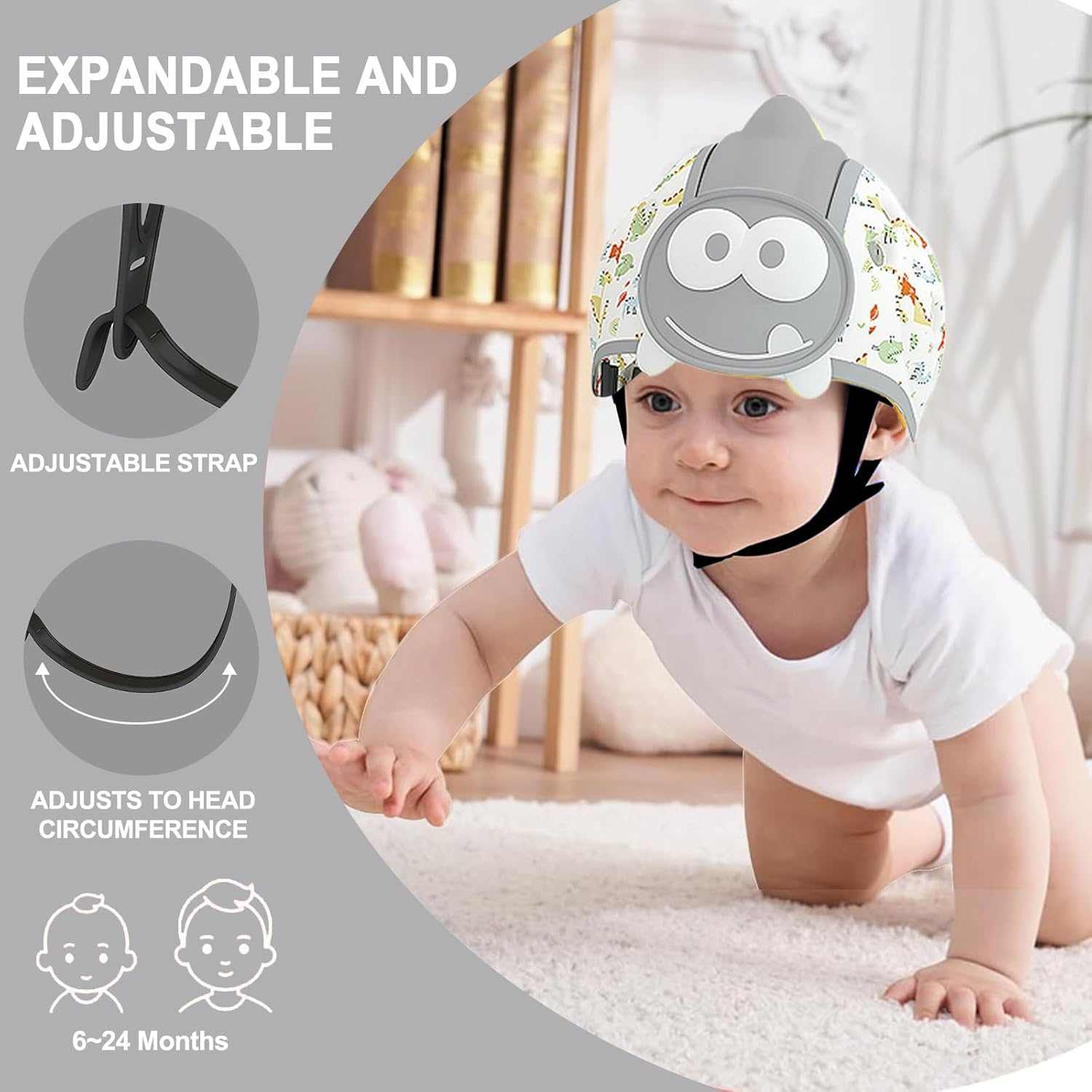 Baby Safety Helmet for toddlers with grey dinosaur design and adjustable straps for crawling and walking protection