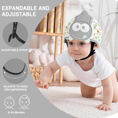 Baby Safety Helmet for toddlers with grey dinosaur design and adjustable straps for crawling and walking protection