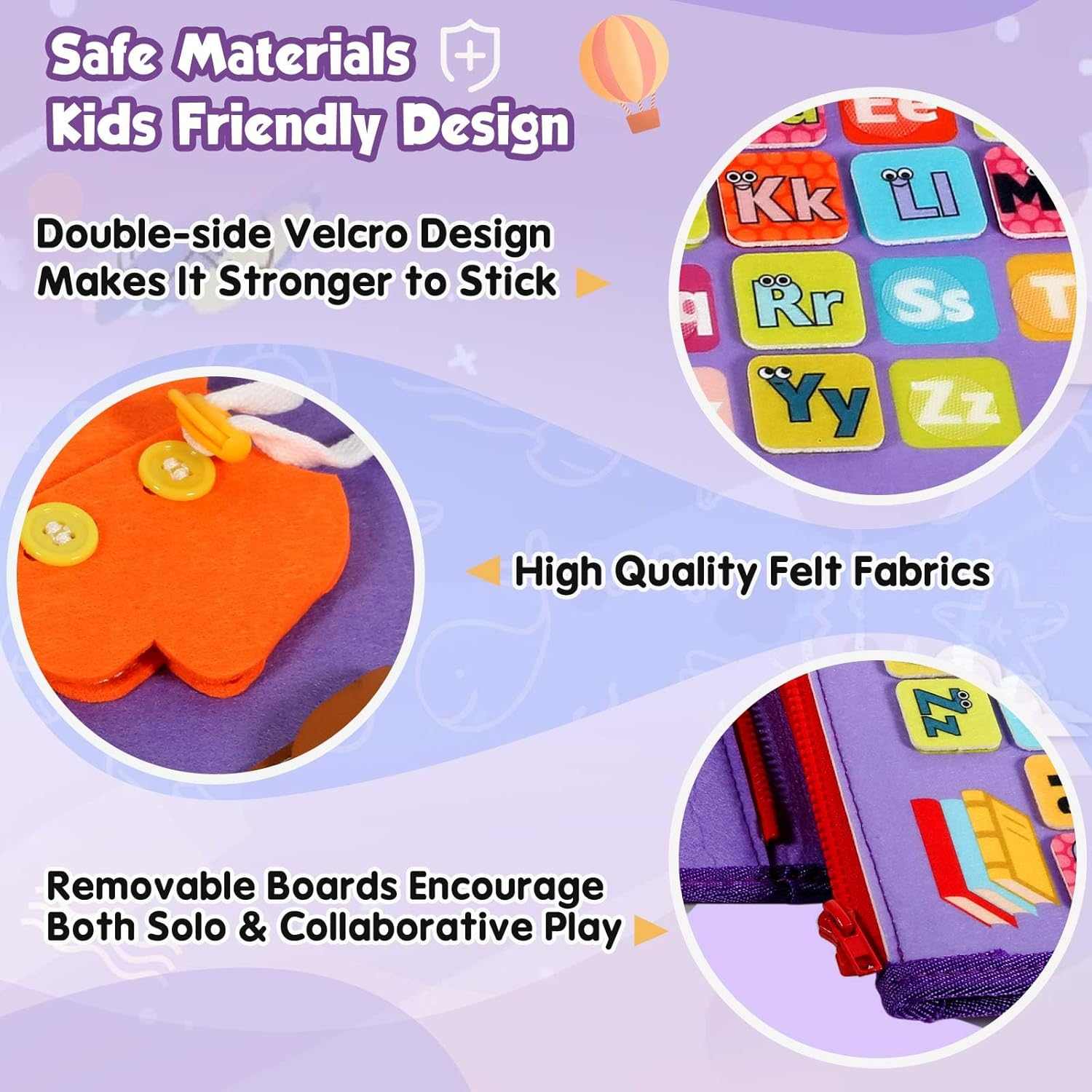 Product packaging with text highlighting safe materials, kids-friendly design, double-side velcro, high-quality felt fabrics, and removable boards.