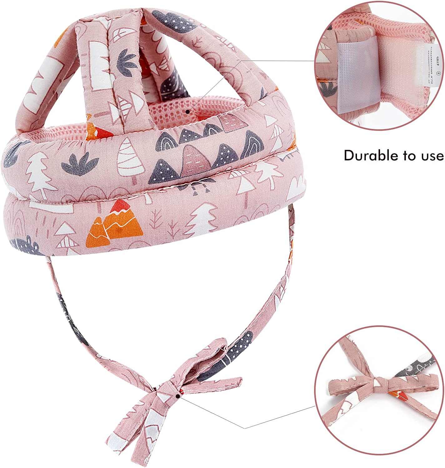 Pink forest baby safety helmet with adjustable tie strap for head protection
