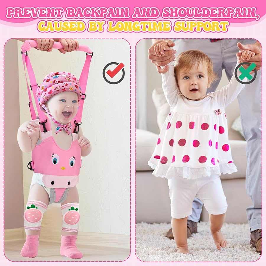 Baby wearing pink chicken baby safety helmet set with harness and knee pads for first steps protection