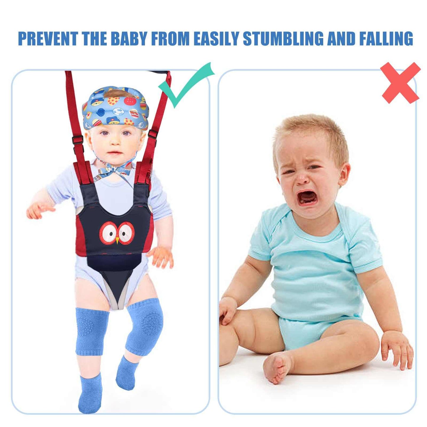 Baby safety helmet set with blue helmet, walking harness, knee pads, and grip socks for boys' first steps