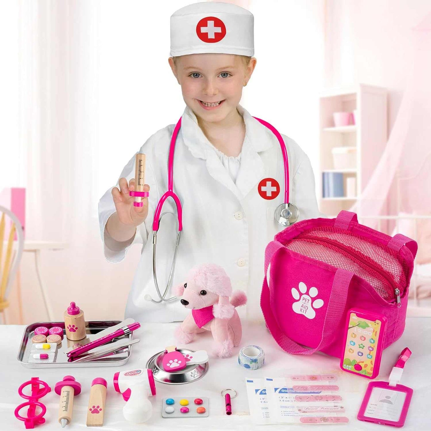 36 PC Vet Doctor Kit with plush dog and doctor costume for kids' imaginative play