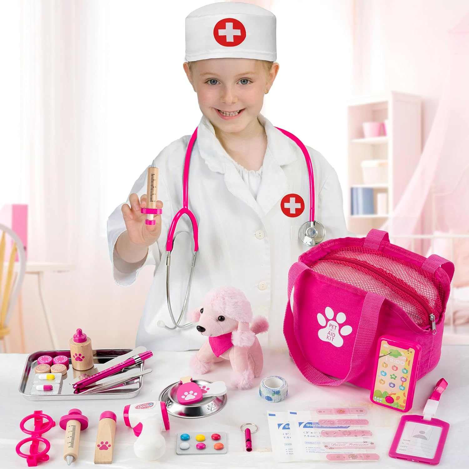 36 PC Vet Doctor Kit with plush dog and doctor costume for kids' imaginative play