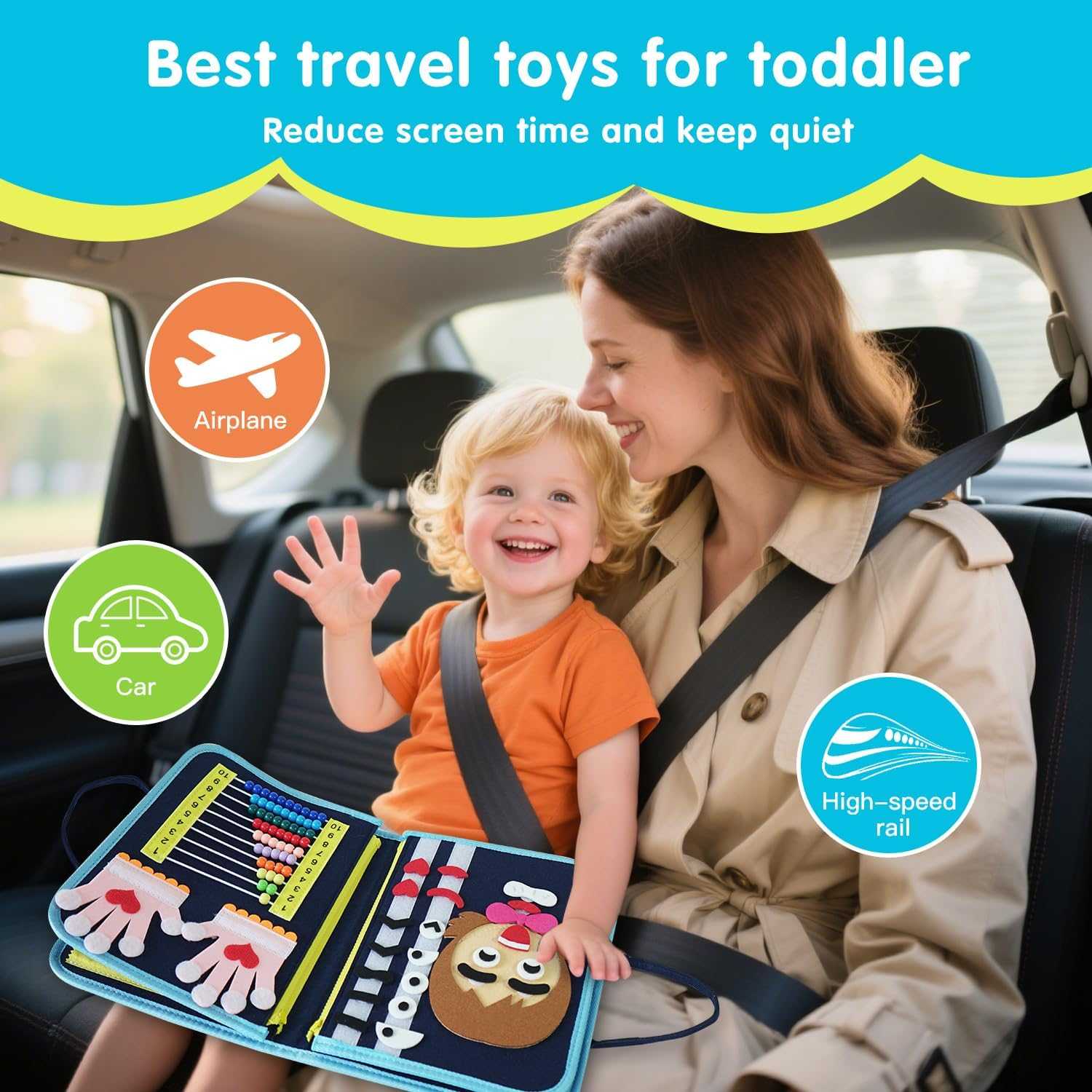 Montessori busy board for toddlers with interactive sensory learning activities and detachable pages