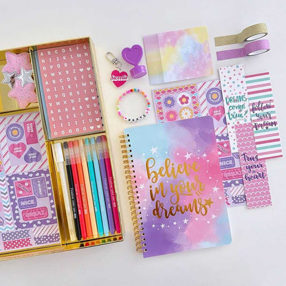DIY Journal Kit for Girls with 26 creative scrapbook supplies and a 60-page spiral journal for ages 8 to 14