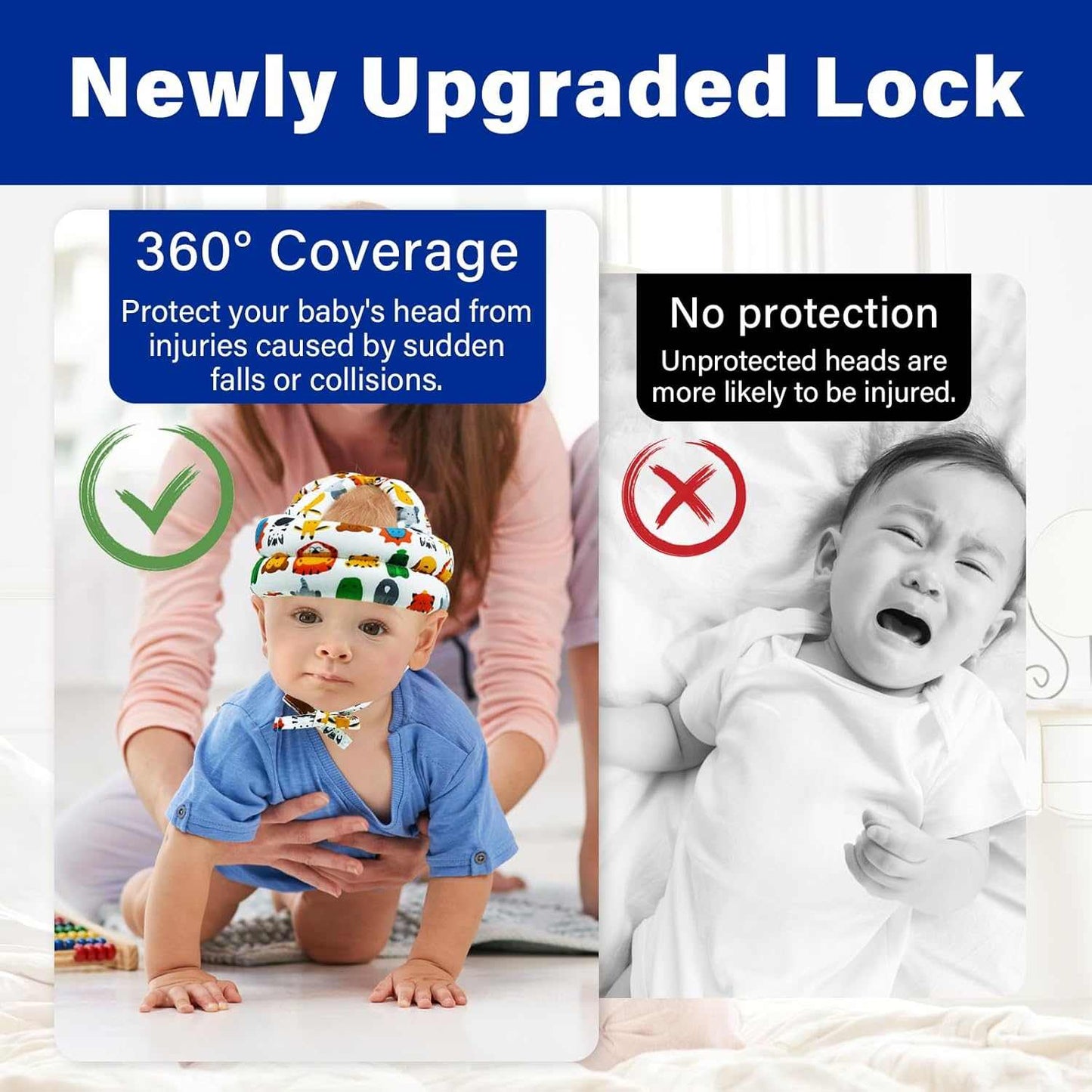 Baby wearing a helmet with text about 360-degree coverage and protection from injuries.
