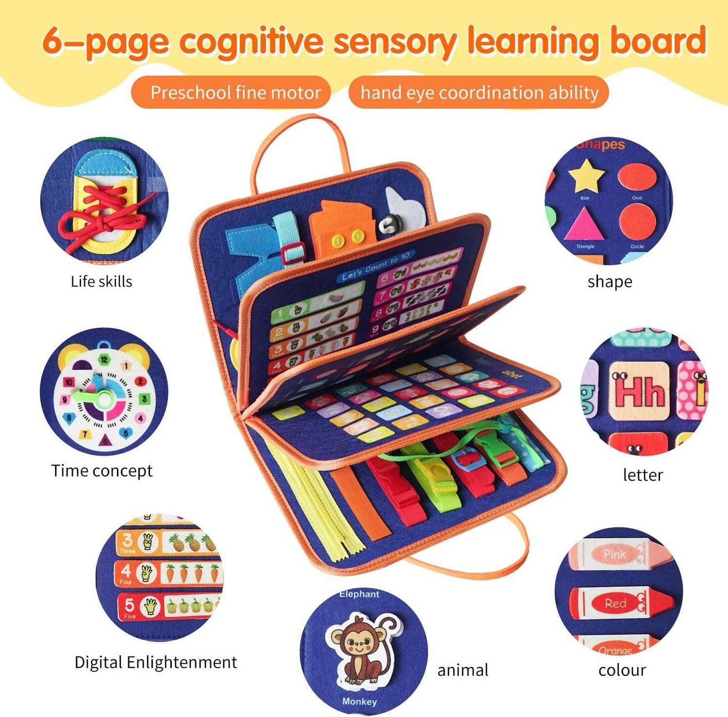Montessori busy board for toddlers with interactive sensory activities and travel-friendly design