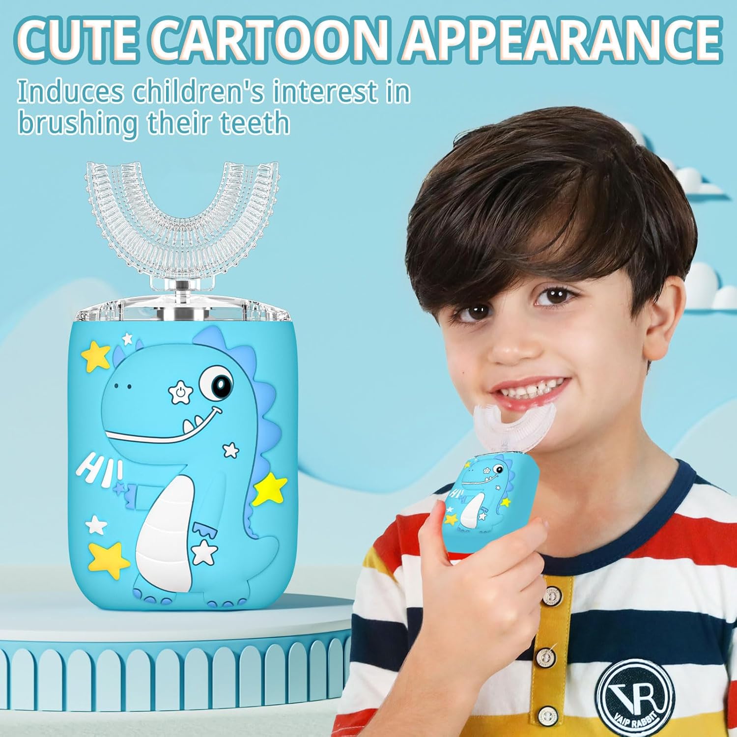 Children's cartoon-themed toothbrush with a boy using it against a light blue background