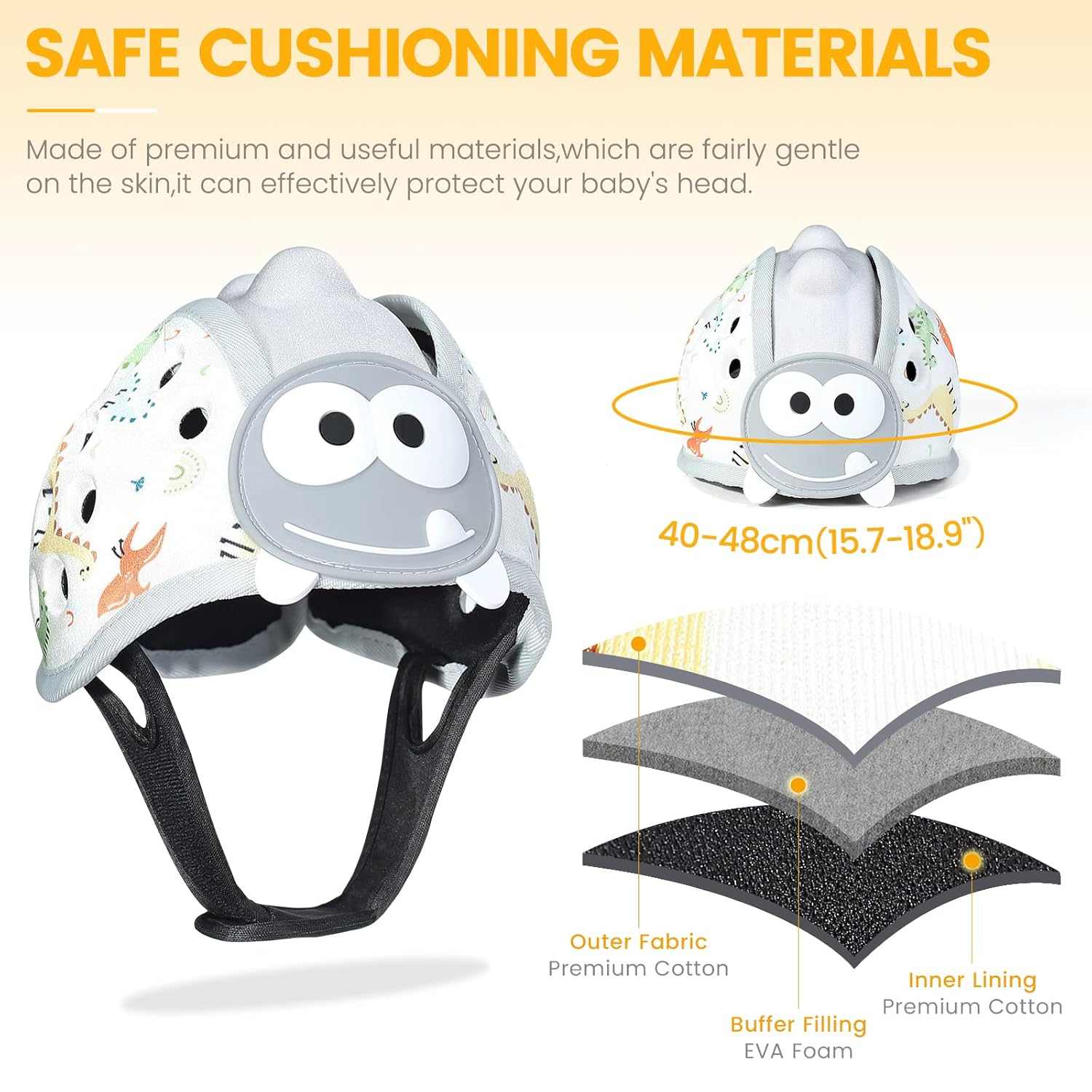 Baby Safety Helmet Fun Grey Dinosaur with breathable cotton, soft padding, adjustable strap for toddler head protection