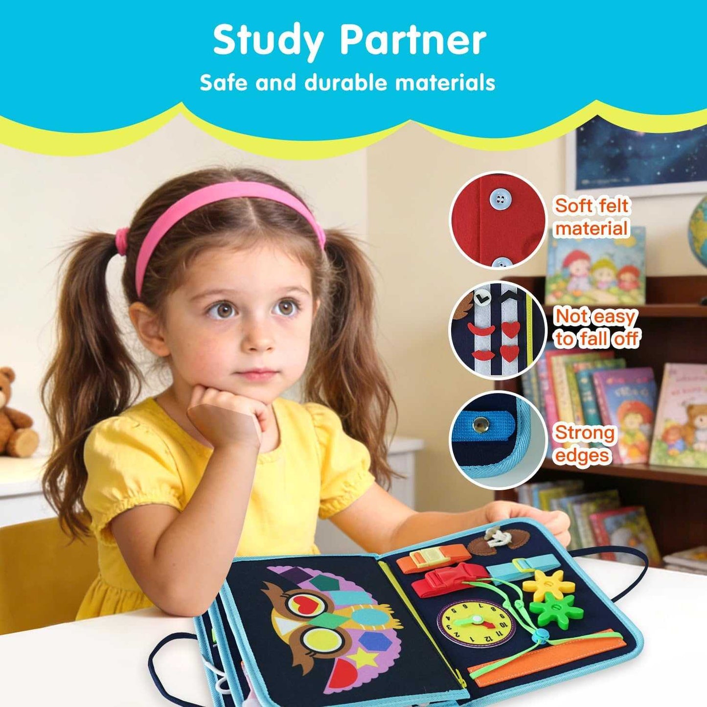 Montessori busy board for toddlers with interactive sensory learning activities and detachable pages