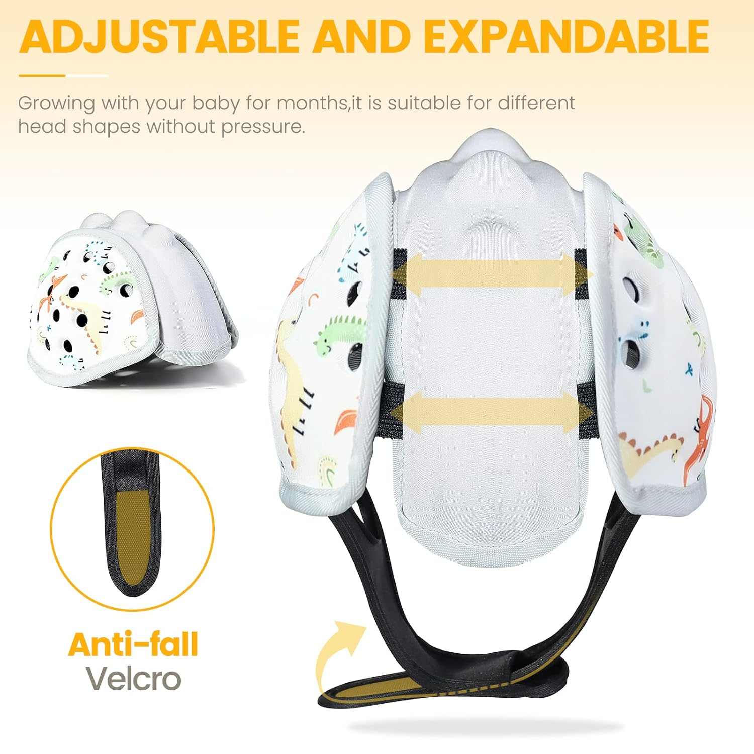 Adjustable expandable baby safety helmet with dinosaur design and anti-fall Velcro strap for toddler head protection