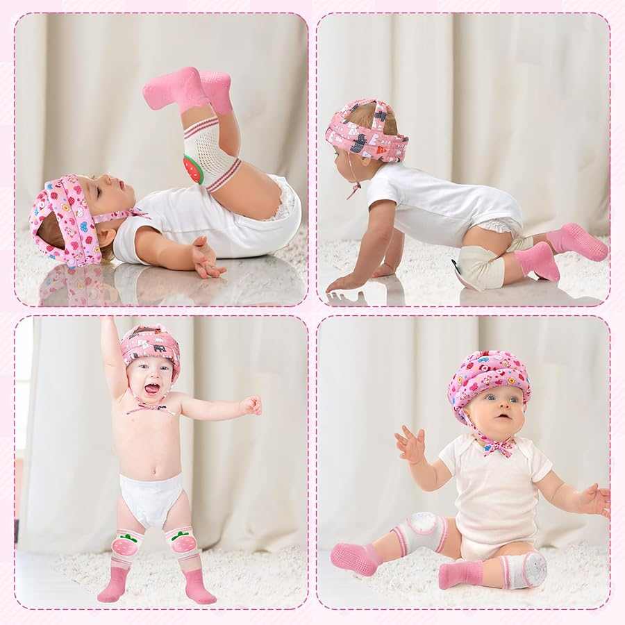 Baby wearing pink chicken baby safety helmet set with harness, knee pads, and grippy socks for crawling and first steps