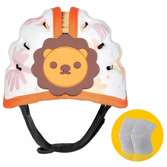 Lightweight baby safety helmet with orange lion design and EVA foam padding for infants 8-24 months