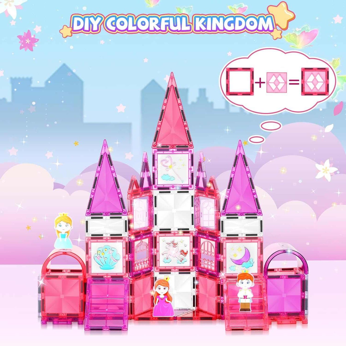 Strawberry Princess Castle colorful magnetic building tiles set for kids with princess figures and castle towers