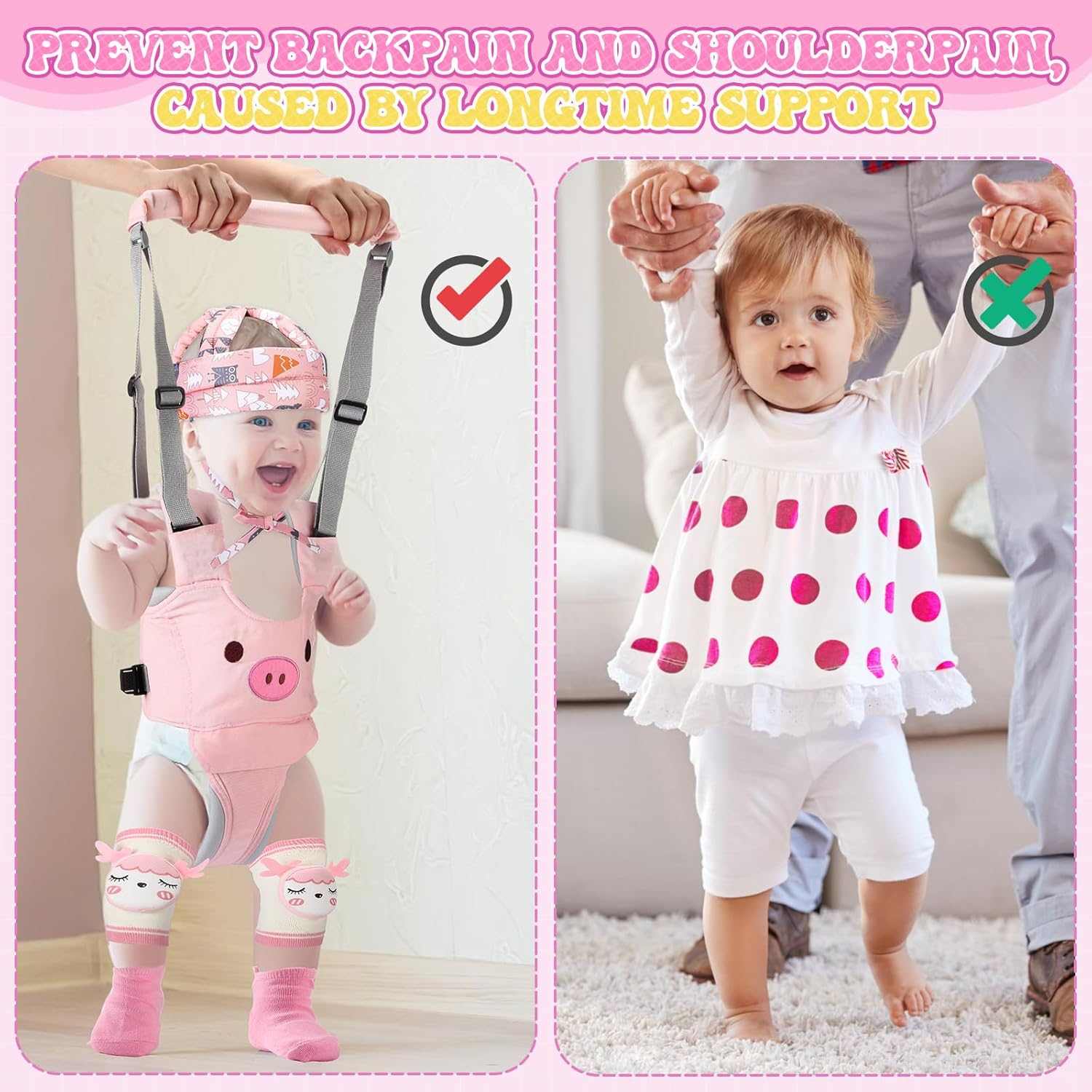 Baby wearing pink pig baby safety helmet set with walking harness and knee pads showing proper support for walking