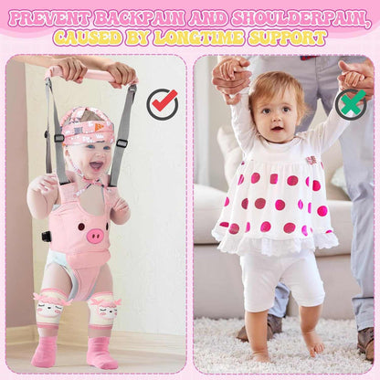 Baby wearing pink pig baby safety helmet set with walking harness and knee pads showing proper support for walking