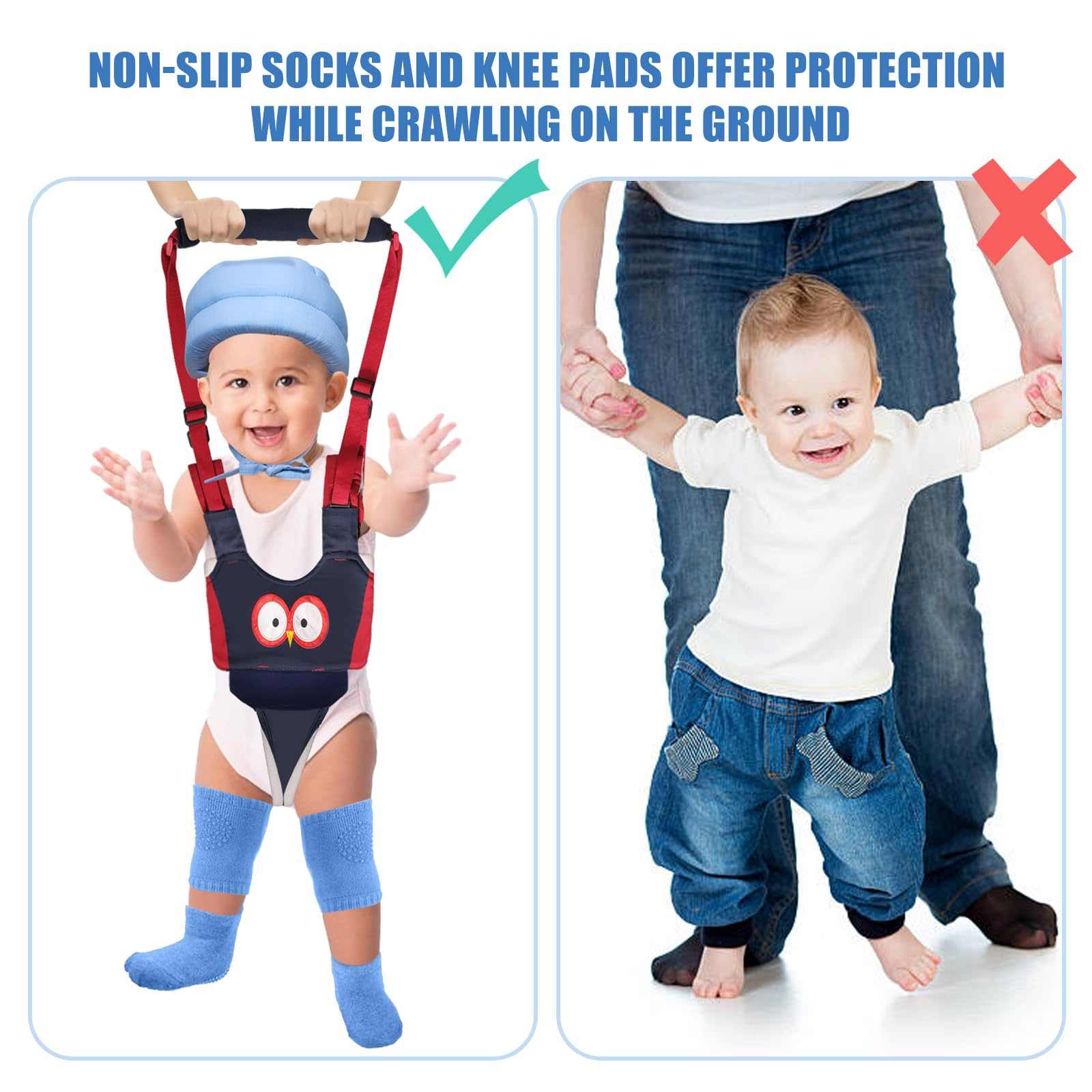Baby Safety Helmet Set with blue walking harness, knee pads, and non-slip socks for boys learning to walk.