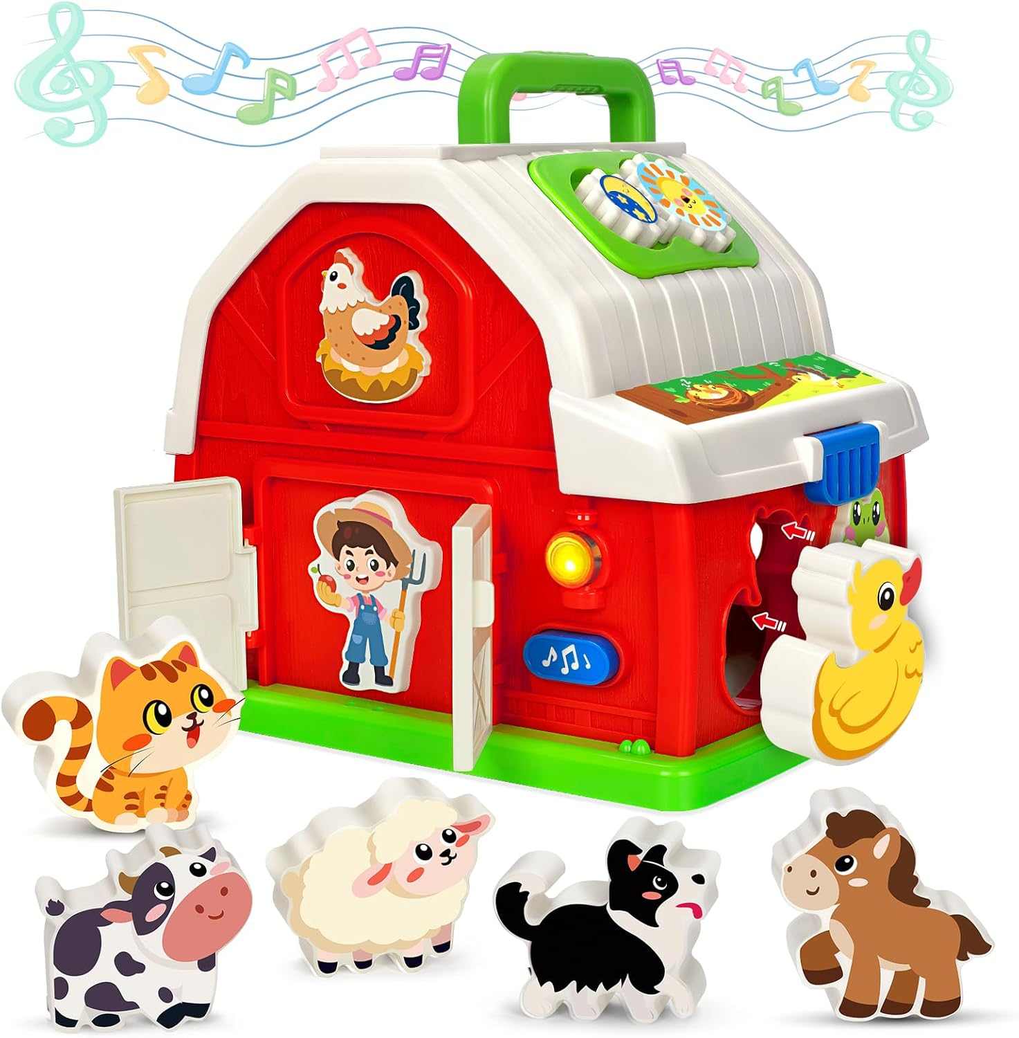 Colorful musical farm animal toy with lights, sounds, and interactive shape sorting for toddler learning and fine motor skills development