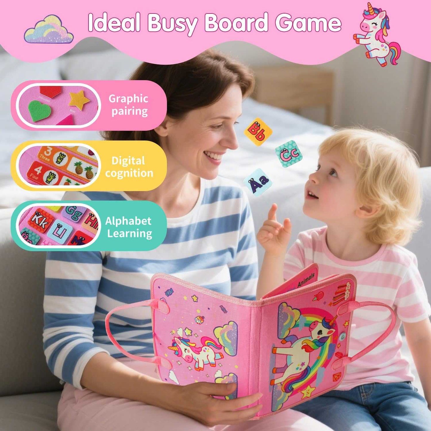 Montessori busy board for toddlers with sensory learning activities and travel-friendly design