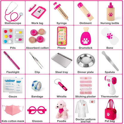 36 PC vet doctor kit with plush dog and costume for kids playing veterinarian role