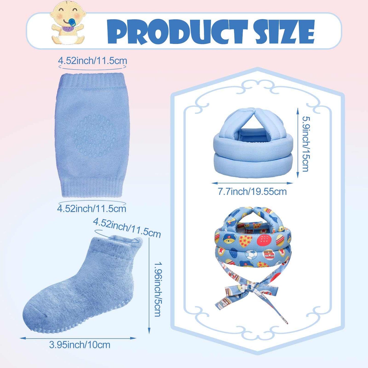 Blue baby safety helmet set with walking harness, knee pads, and grip socks, dimensions labeled for toddler protection and comfort.