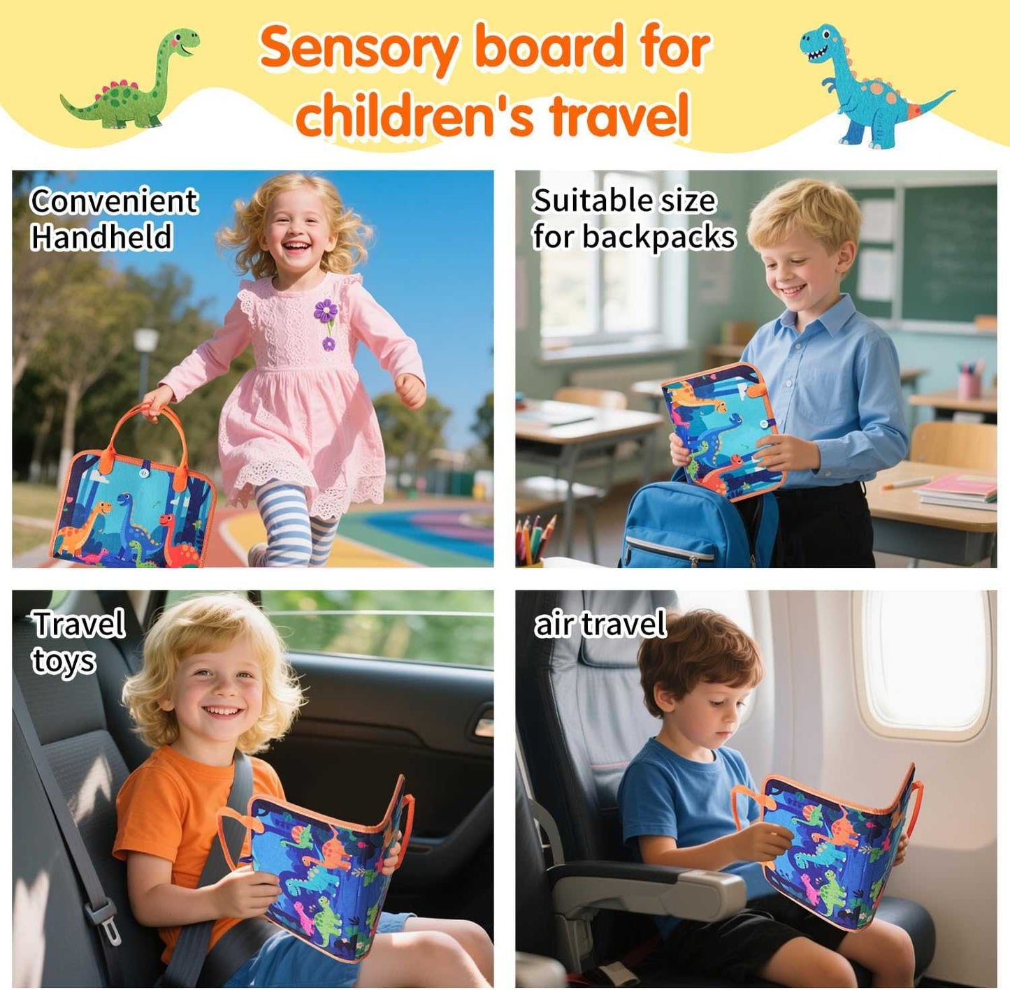 Montessori busy board for toddlers with interactive sensory learning activities and travel-friendly design