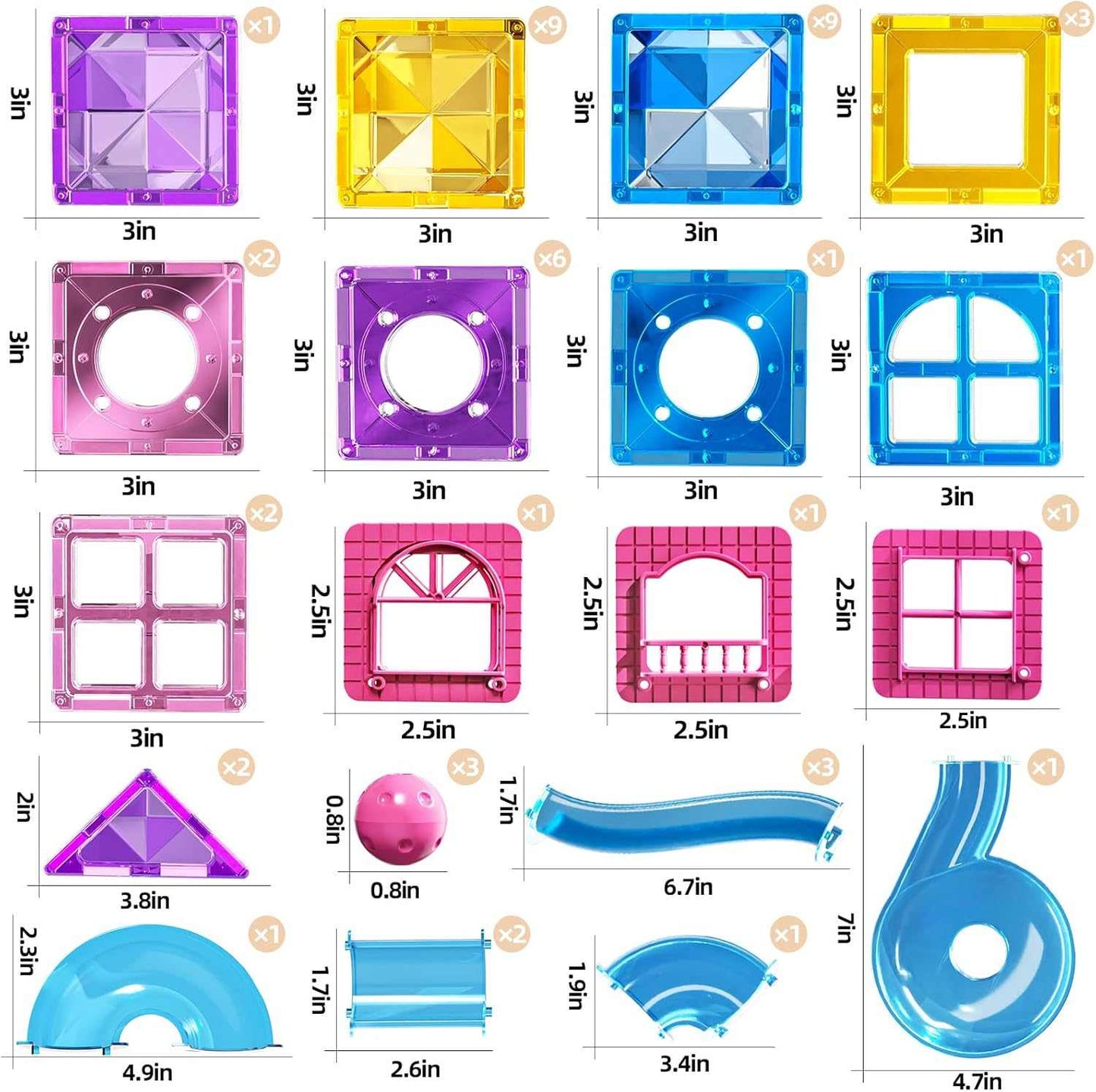 Magnetic tiles marble run 50 piece STEM building set with colorful transparent tiles and marbles for kids aged 3 to 8