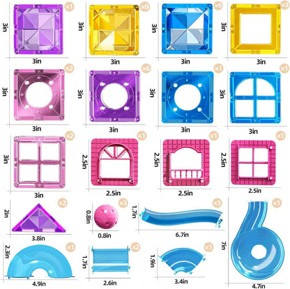 Magnetic tiles marble run 50 piece STEM building set with colorful transparent tiles and marbles for kids aged 3 to 8