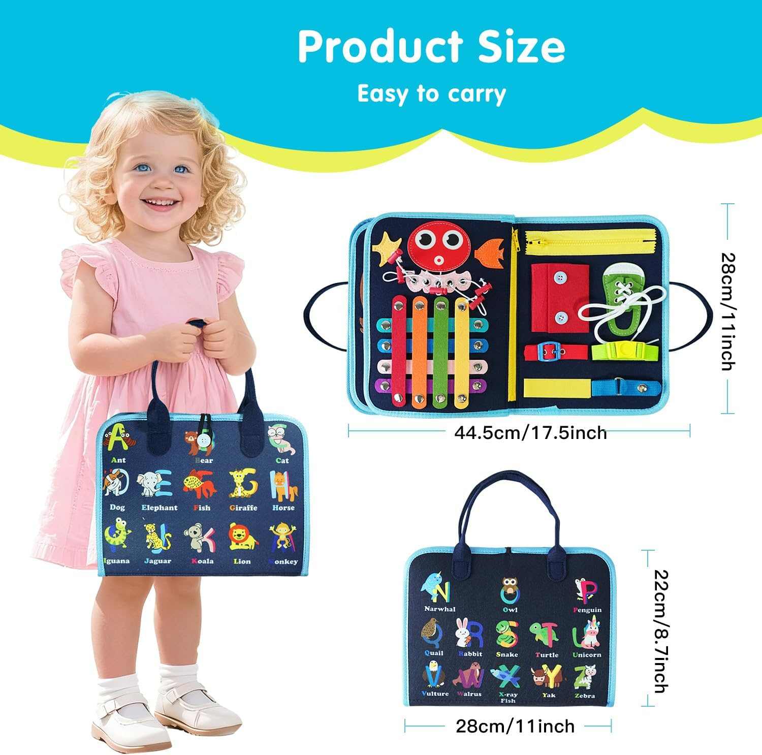 Montessori busy board for toddlers with interactive learning activities and soft felt pages