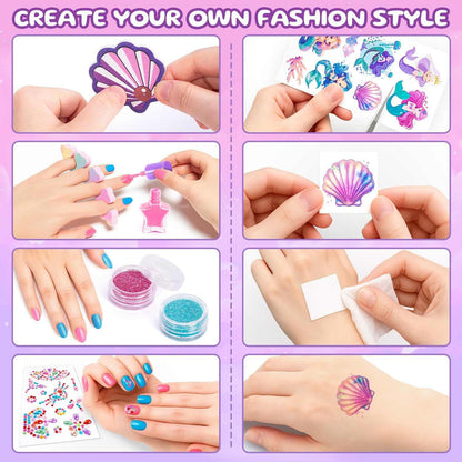 Kids makeup kit for girls with mermaid-themed washable cosmetics and accessories in a sparkly purple case