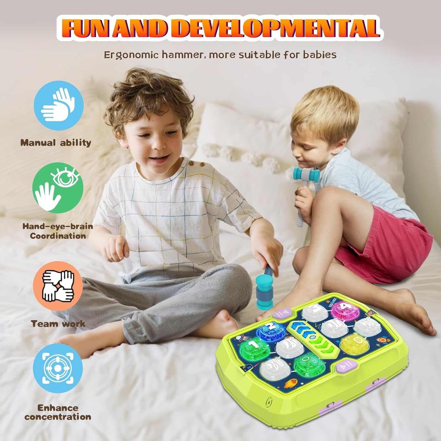 Children playing with Whack Mole Game Toy using ergonomic hammers for hand-eye coordination and concentration development