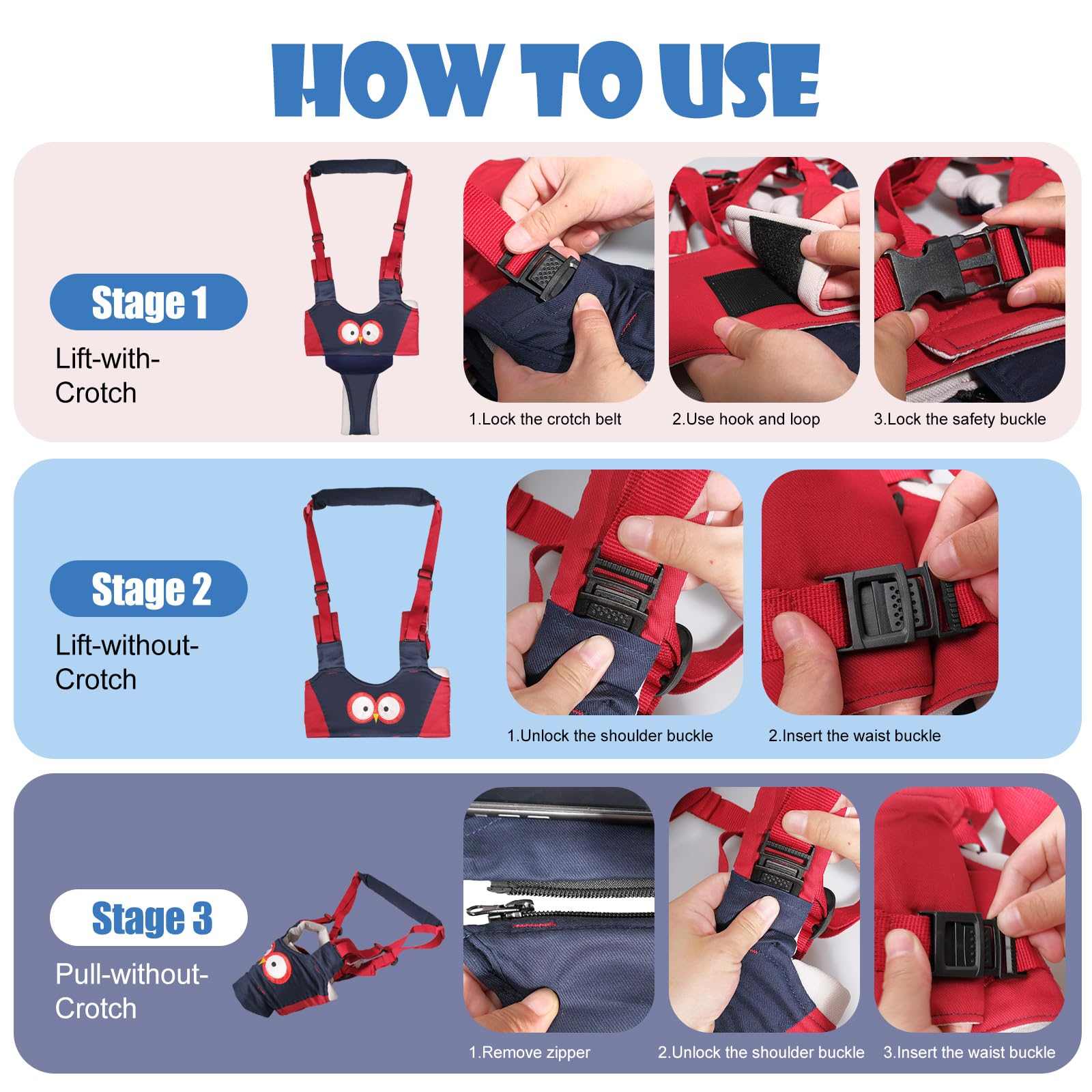 baby safety helmet set with adjustable red walking harness demonstration steps