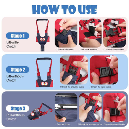 baby safety helmet set with adjustable red walking harness demonstration steps