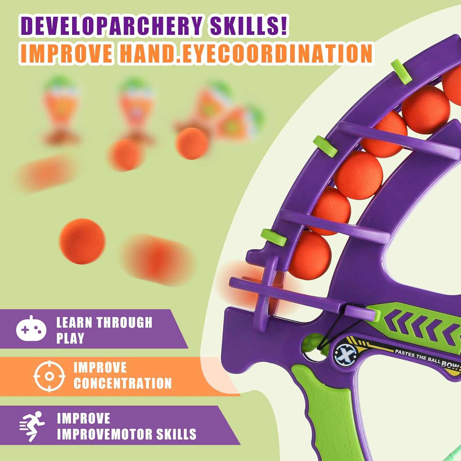 Kids Archery Toy Set with purple and green bow and soft sticky ball arrows for safe indoor and outdoor play