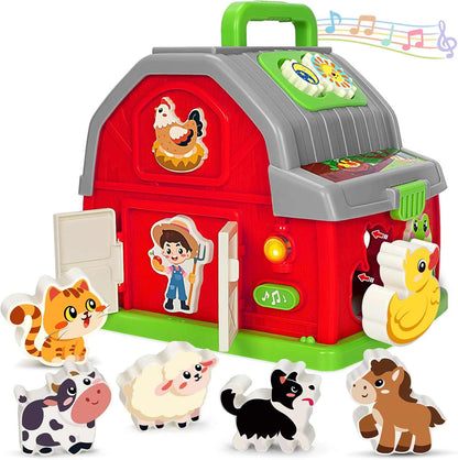 Musical farm animal toy with lights, sounds, shape sorting, and interactive buttons for toddlers' learning and fine motor development