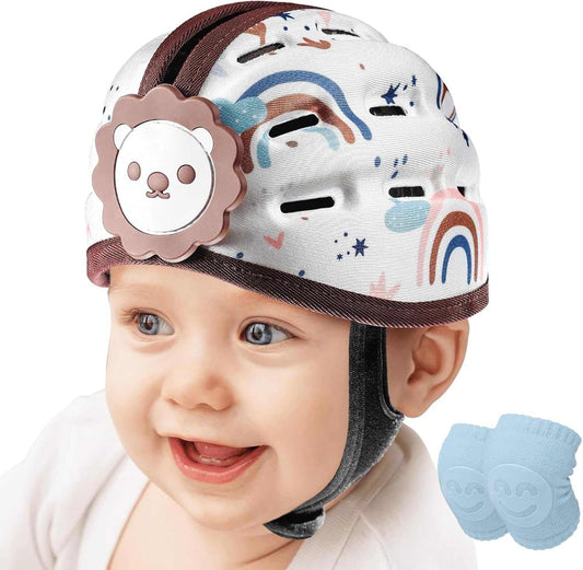 Baby wearing Baby Safety Helmet Lion Design and smiling, with 2 Knee Pads in the right side 