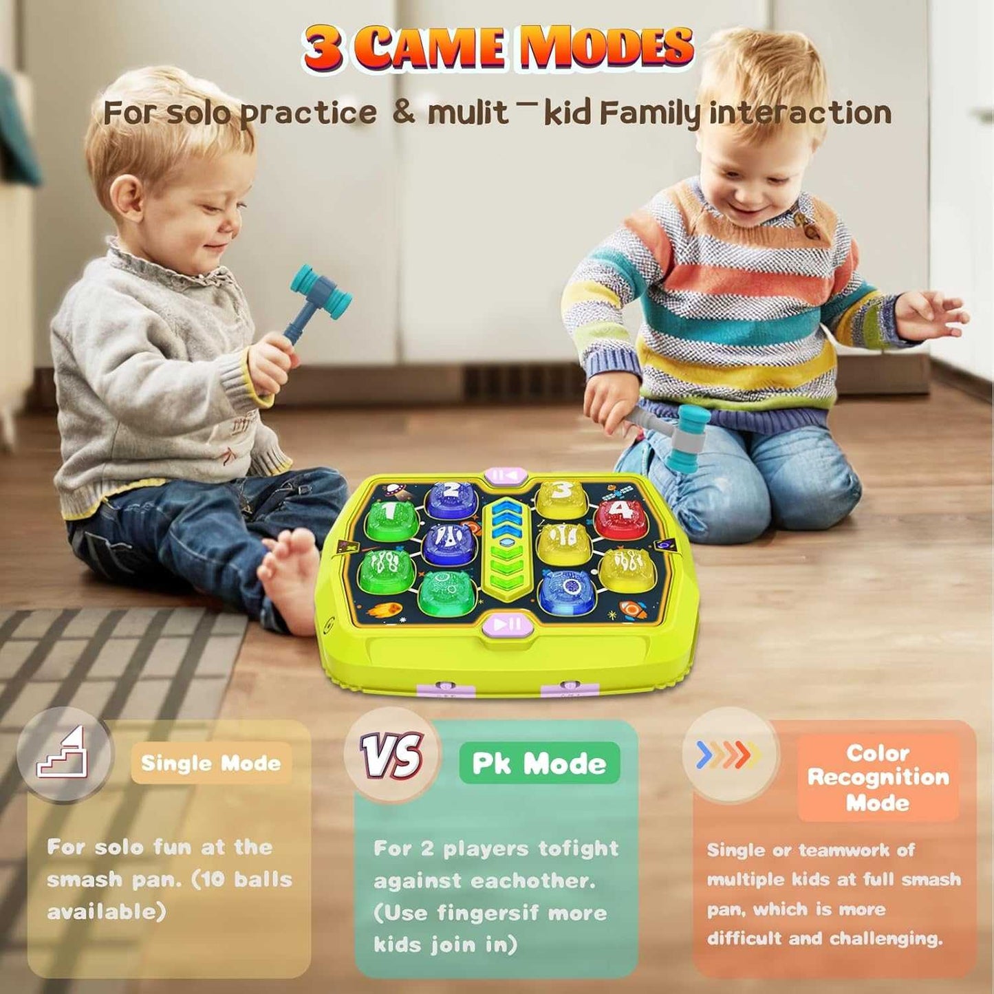 Children playing Whack Mole Game Toy with hammers, featuring 3 game modes for interactive fun and skill development.