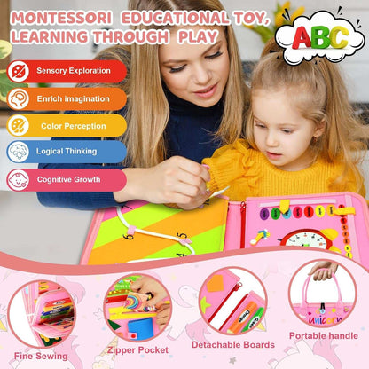 Montessori Busy Board with colorful felt activities for toddlers learning shapes, numbers, and fine motor skills